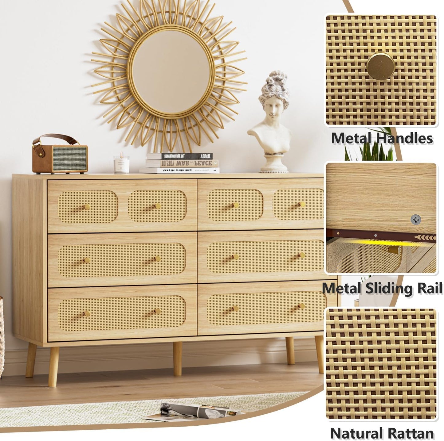 SINROM® Rattan Dresser for Bedroom, Modern 6 Drawer Dresser with Gold Handles, Wood Storage Chest of Drawers for Bedroom, Living Room, Hallway and Entryway, Natural