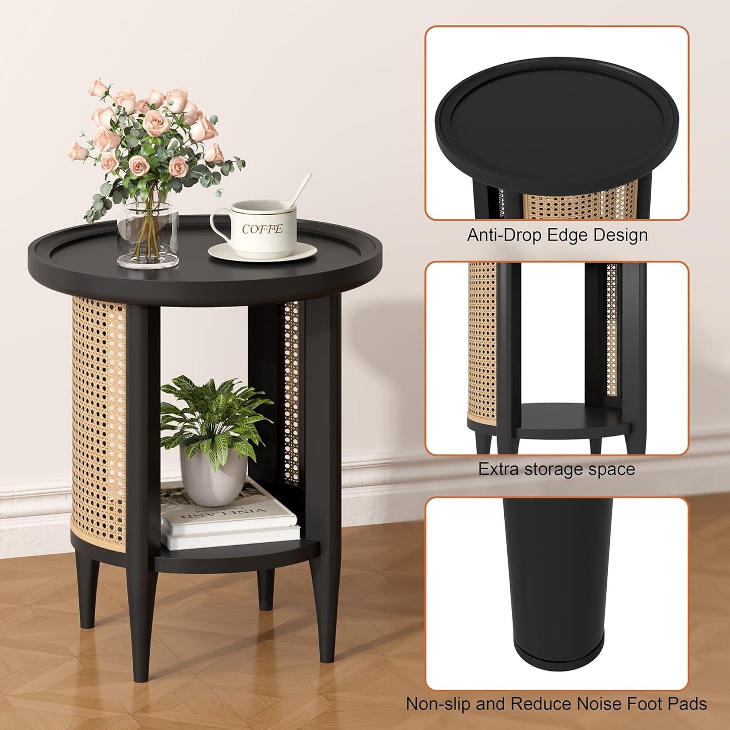 Yusong Round End Table Rattan Side Table with Solid Wood Legs, Boho Style Nightstand Bedside Table with 2-Tier Shelves, Small Coffee Table for Living Room Bedroom Small Spaces Black