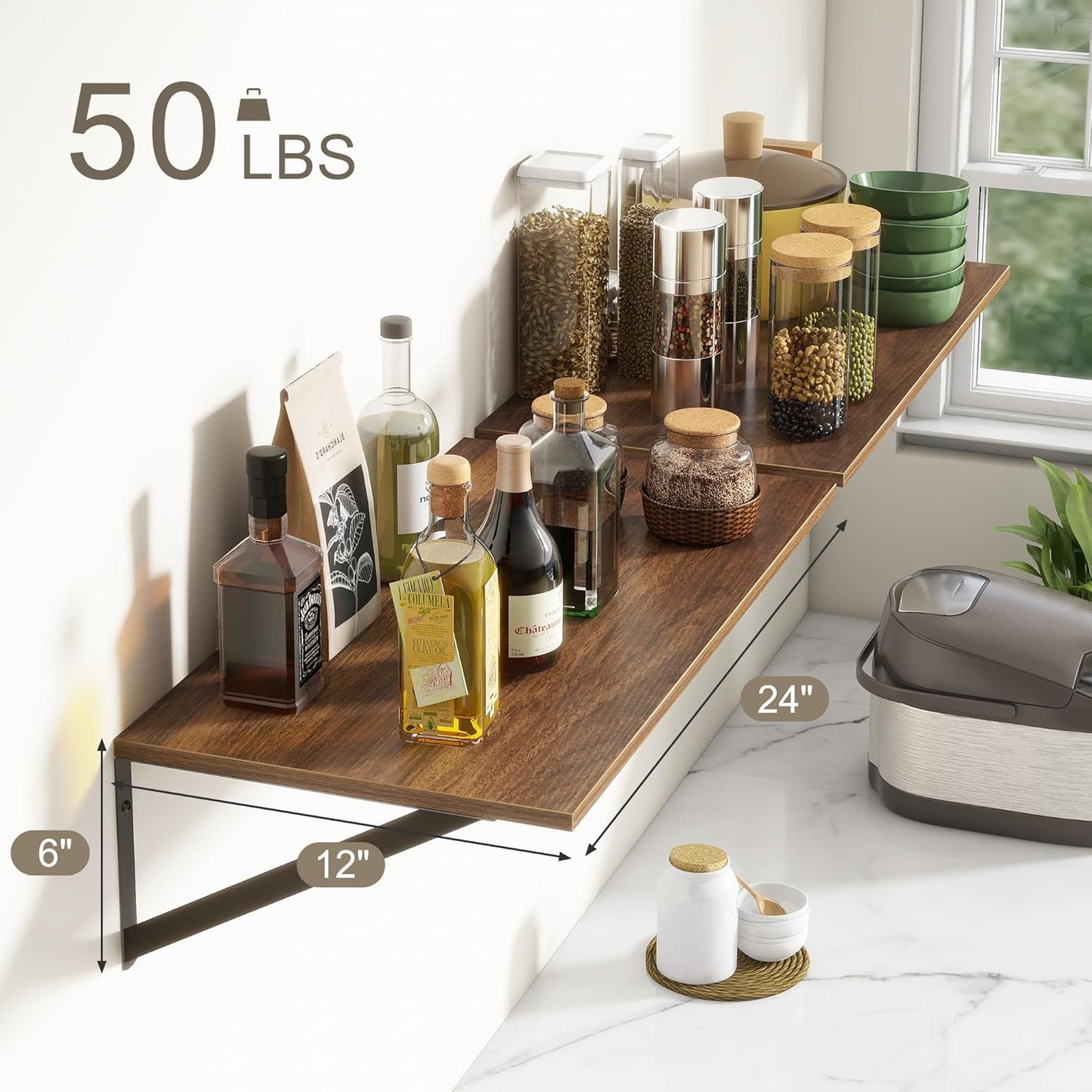 Deep Floating Shelves, 12 Inch Deep Floating Shelves for Wall, 24"W x 12"D Wall Shelves for Books, Large Rustic Wooden Shelf, Wide Display Shelf for Bathroom, Living Room, Walnut Color, Set of 2