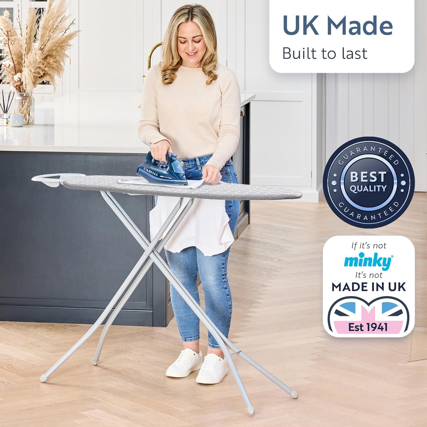Minky Homecare Classic 4-Leg Ironing Board with Iron Rest - Freestanding Full Size Iron Board for Clothes Pressing with 43" x 14" Surface - Grey Honeycomb