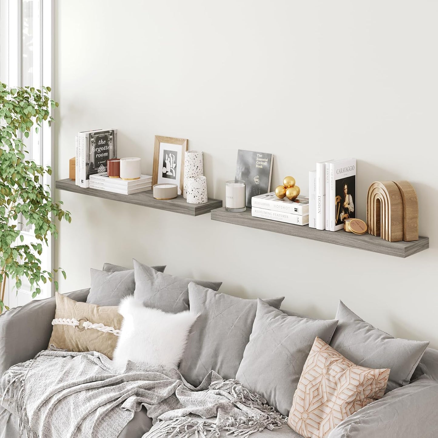 BAMEOS Floating Shelves, Walnut Wall Mounted Wooden Shelves with Invisible Brackets Set of 2, Hanging Wall Shelves Decoration for Bedroom, Bathroom, Living Room and Kitchen