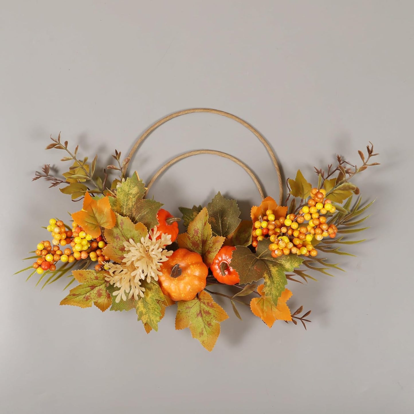 Fall Wreaths for Front Door, Autumn Wreath with Pumpkins, Berries and Leaves for Indoor Outdoor Porch Thanksgiving Farmhouse Harvest Halloween Home Décor (Orange Pumpkin)