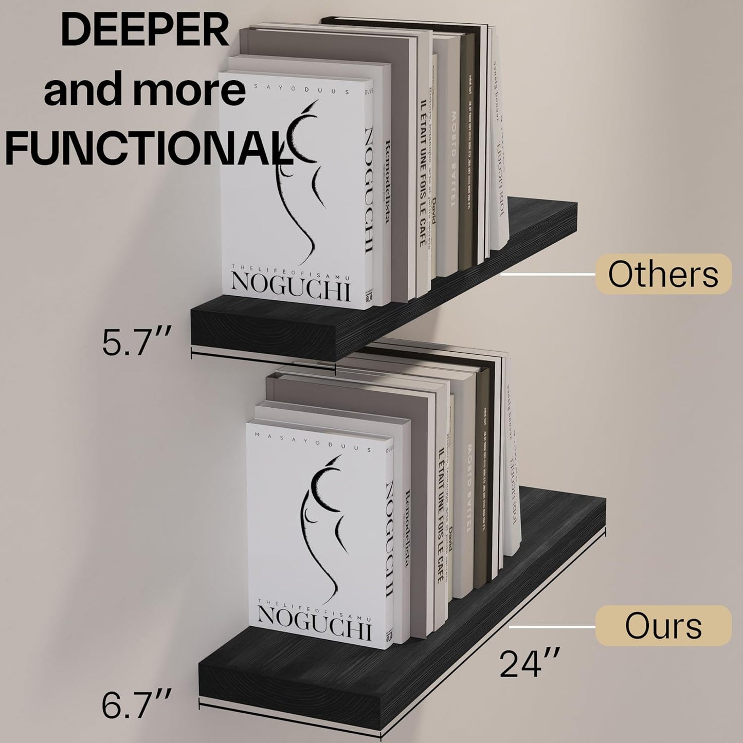 BGMG Wood Floating Shelves 24 inch, Wide Rustic Wooden Wall Shelves for Bathroom Living Room Bedroom Kitchen Farmhouse Set of 2-24x 6.7 x1.25 inch- Black