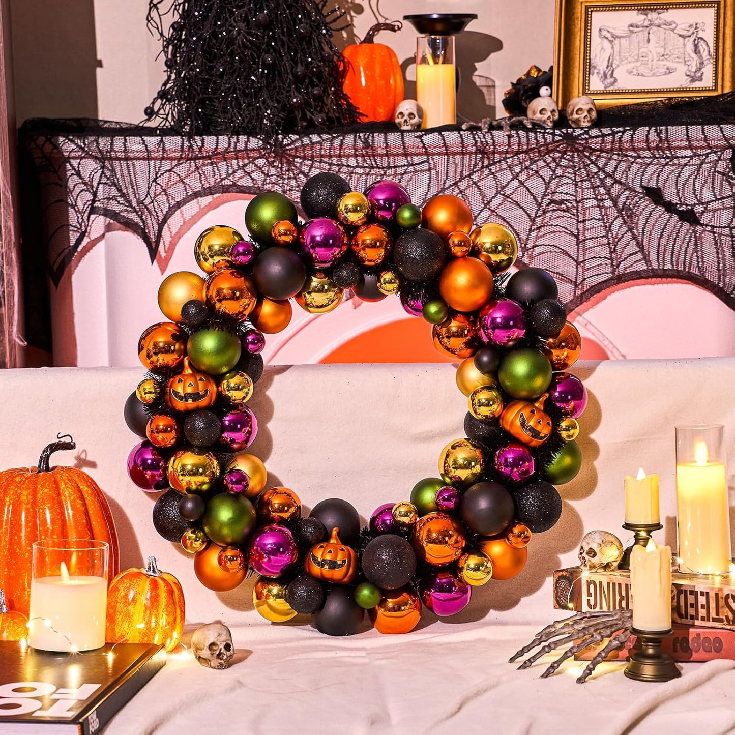 JORNOY 20inch Large Halloween Ball Wreath with Ghost & Pumpkin Accents - Seasonal Orange/Black Wall Hanging, Front Door, Mantel, Porch Decor for Home