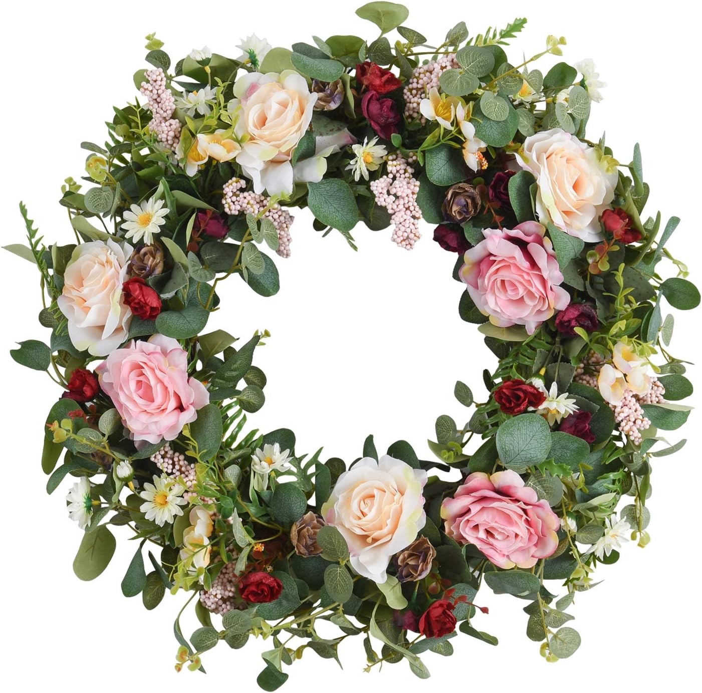 WANNA-CUL 24 Inch Large Spring Rose Wreaths for Front Door,Spring Front Door Wreath with Pink and Wine Red Floral Door Wreath with Eucalyptus Leaves for Wedding or Indoor&Outdoor Decorations
