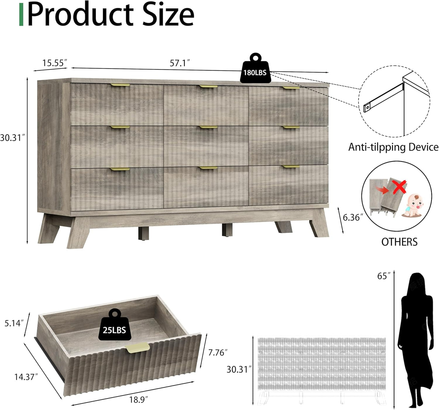 Fluted Dresser for Bedroom with 9 Drawers, 57" Wide Modern Chest of Drawers with Metal Handle, Wooden Dresser TV Stand, Wood Closet Clothes Storage Organizer for Living Room, Hallway, Grey