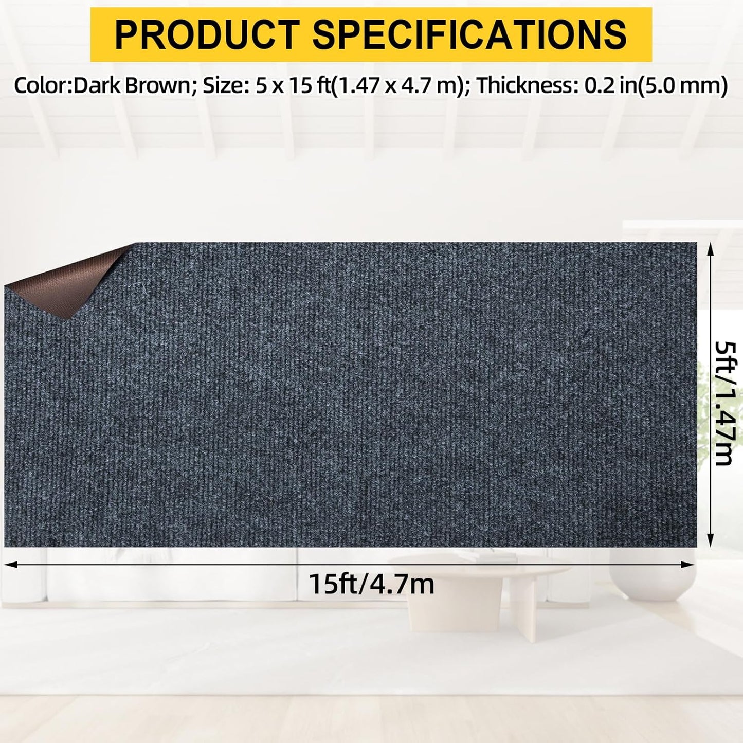 Marine Carpet,5 FT x 15 FT Dark Gray Indoor Outdoor Carpet 0.2" Thick Boat Carpet with Water-Proof TPE Backing, Non-Slide Outdoor Marine Carpet Roll for Home, Patio, Porch, Deck