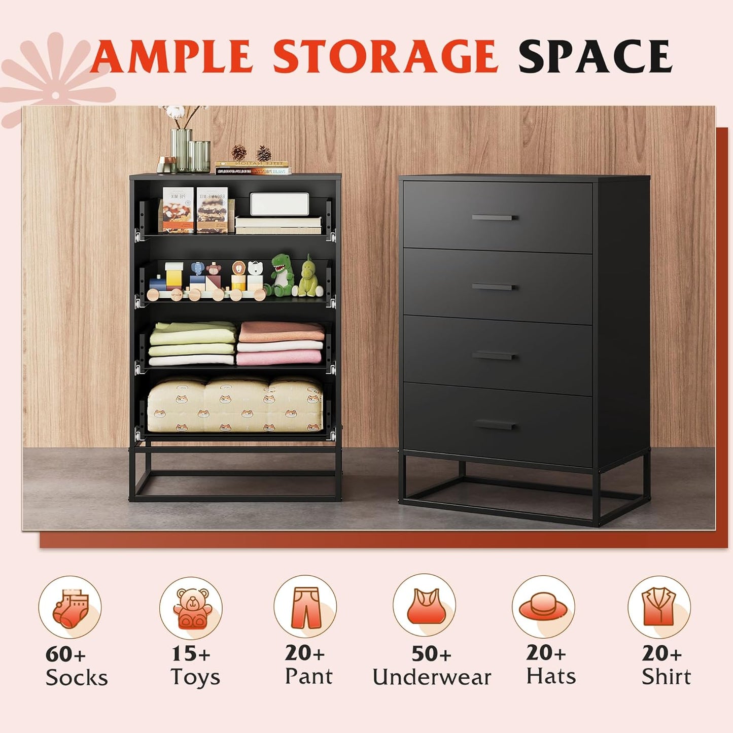 WLIVE Black Dresser for Bedroom with 4 Drawers, Tall Wood Dresser with Sturdy Metal Frame, Wooden Chest of Drawers for Hallway, Living Room, Closet