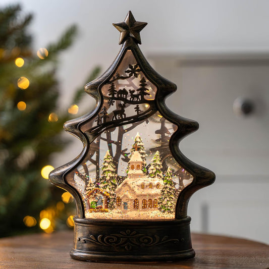 Musical Snow Globe Christmas Tree Lantern Lighted Church with Nativity Manger Scene Water Lantern in Swirling Glitter, Christmas Home Decoration and Gift, Battery Operated or USB Powered