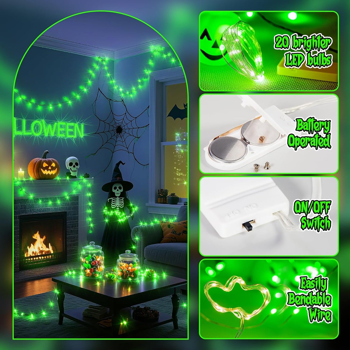 TingMiao Halloween Green Fairy Lights Battery Operate,7.2ft 20 LEDs String Lights Silver Copper Wire for Hallowen Christmas DIY Decoration Wedding Party (6 Pack)