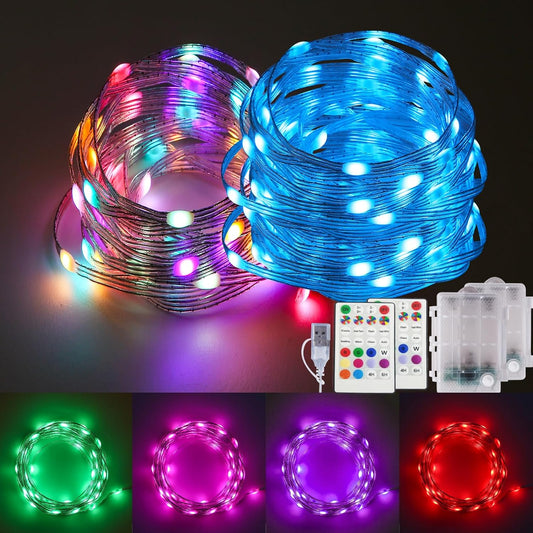 Fairy Lights Battery Operated Color Changing String Lights with Remote, 16.4FT 2 Pack Twinkle Lights USB Plug or Battery Powered, Outdoor Christmas Decorations for Bedroom Wedding Party Indoor