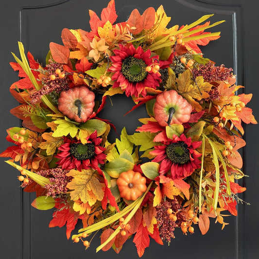 Fall Wreaths for Front Door 24 Inch- Full&Realistic Autumn Maple Leaves Wreath,Large Fall Door Wreath with Sunflower,Pumpkin,Berries for Thanksgiving Harvest Festival Decorations