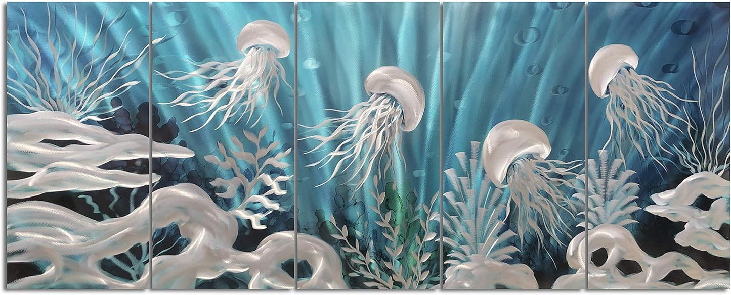 Yihui Arts Blue Deep Sea Metal Wall Art, Large Jellyfish Metal Artwork in Modern Ocean Design, 3D Wall Art for Modern and Contemporary Decor, 5-Panels, Metal Wall Decor