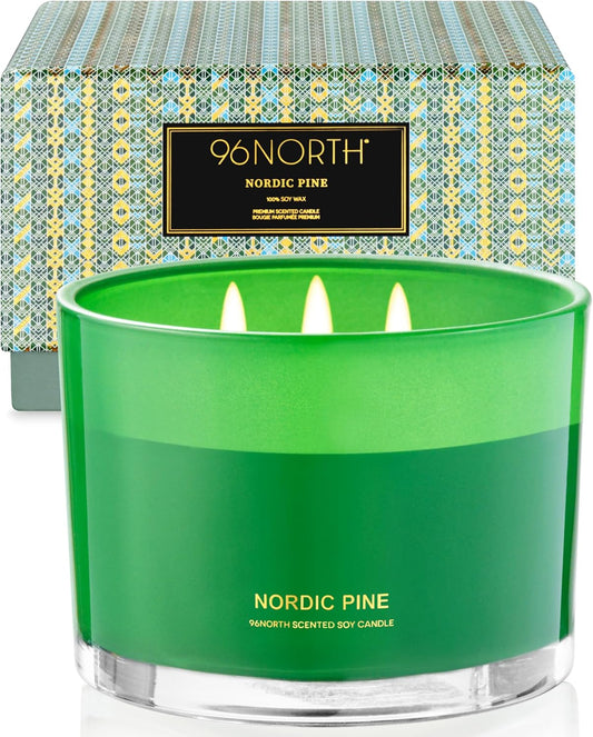 96NORTH Luxury Pine Soy Candle | Large 3 Wick Jar Candle | Up to 40 Hours Burning Time | 100% Natural Soy Wax | Relaxing Aromatherapy Aesthetic Candle