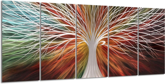Yihui Arts Abstract Metal Wall Art - Tree Of Life Hand Crafted 5 Pieces Panels Large Big Unique 3D Aluminum Modern Contemporary Home Accent