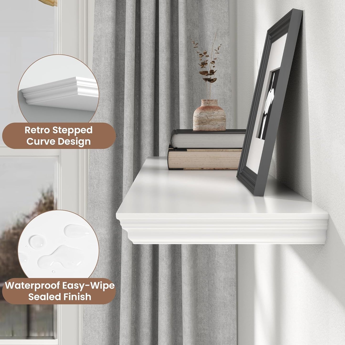 Floating Shelves for Wall, 48 Inch Long Wall Mounted White Hanging Shelf for Kitchen, Living Room, Office, Bedroom, Bathroom, Retro Vintage Wood Bookshelf for House Decor