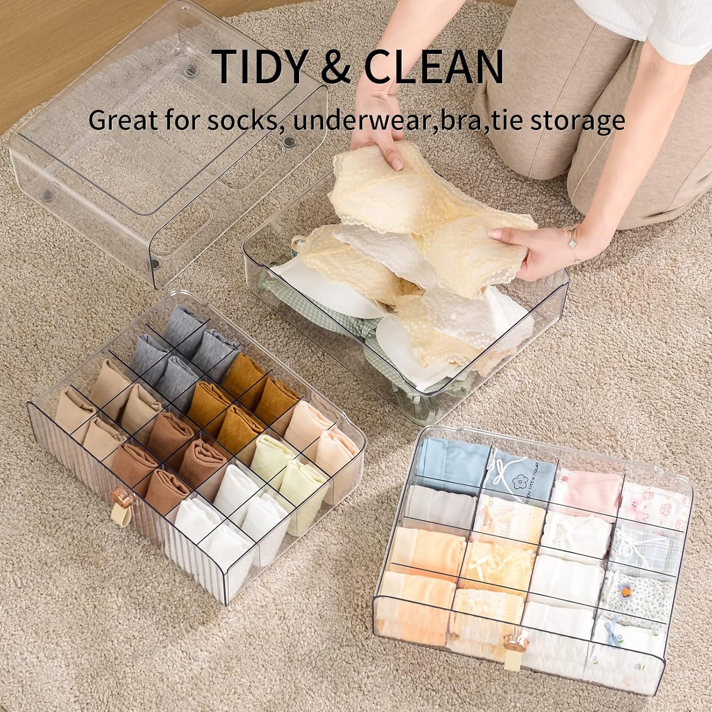 Socks Underwear Drawer Organizer Dividers, 16 Cell Stackable Closet Organizer, Plastic Underwear Drawer Storage for Clothing, Baby Clothes, Bra, Ties, Belts