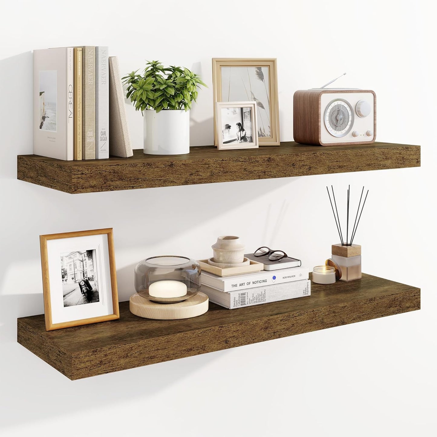 Marsmiles 31.5" Floating Shelves for Wall, Wooden Shelves with Invisible Brackets Set of 2, Rustic Farmhouse Wall Mounted Shelf for Kitchen Bathroom Living Room Study, Rustic Brown