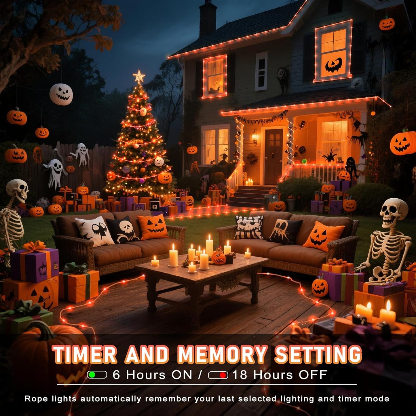 Orange Halloween Lights, 66FT 200 LED Rope Lights for Outside Waterproof with 8 Modes, Connectable Tube String Lights for Indoor, Garden, Backyard, Patio, Deck, Pool, Tree Decorations