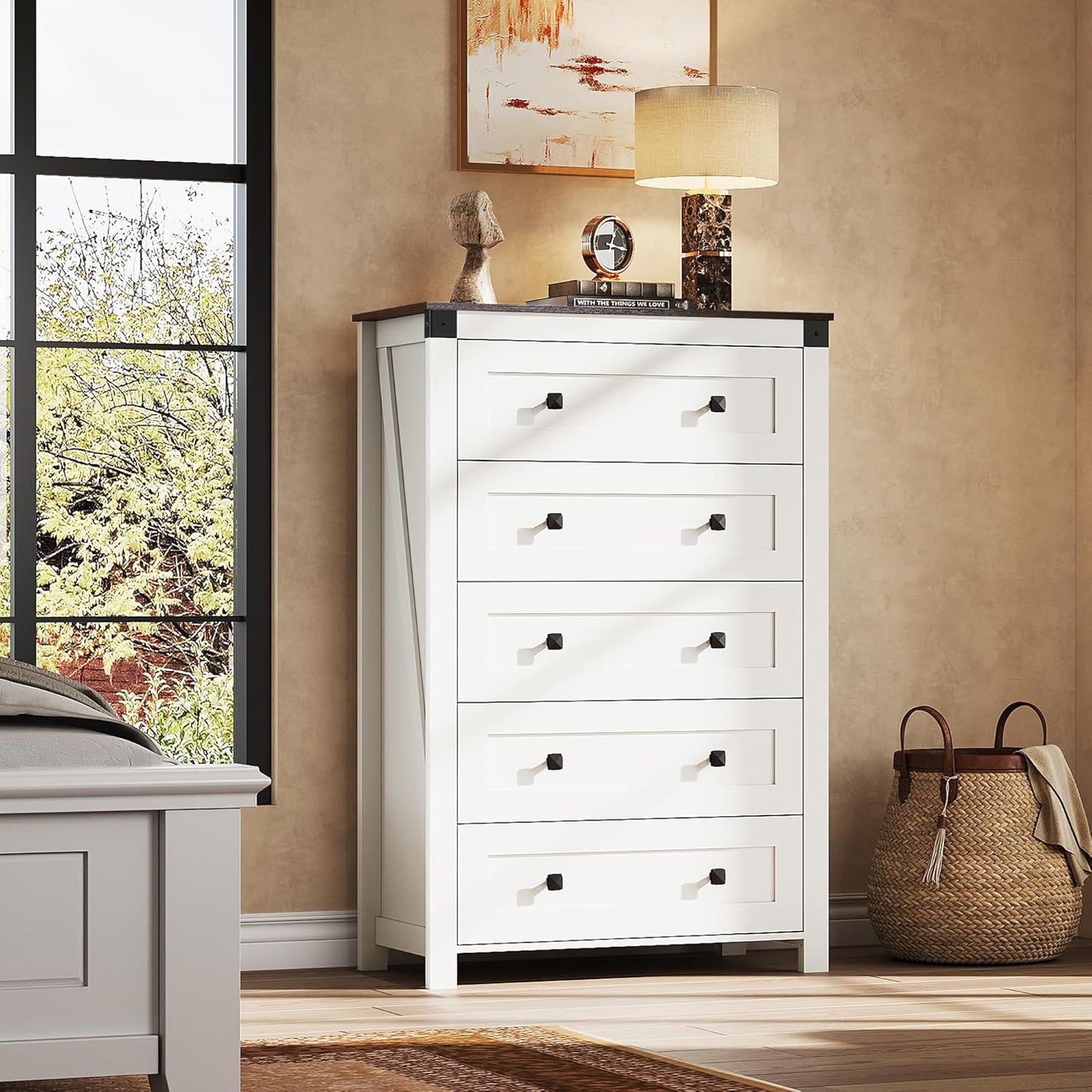 WLIVE Farmhouse White Dresser for Bedroom, 5 Drawer Dresser Storage Organizer, Tall Wood Dressers with Double Rustic Handle, Chest of Drawers for Living Room, Hallway, Closet