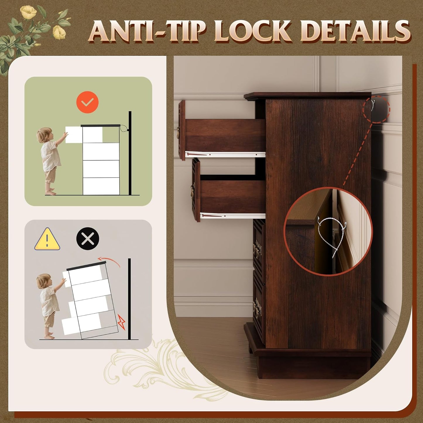 WLIVE Farmhouse Dresser for Bedroom, Tall Wood Dresser with 4 Drawers, Chest of Drawers with Roman Metal Handle for Living Room, Hallway, Closet, Rustic Brown