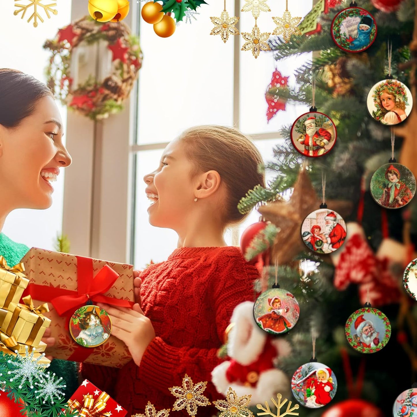 48-Piece Vintage Wood Christmas Tree Ornaments - Santa, Snowman & Retro Decor