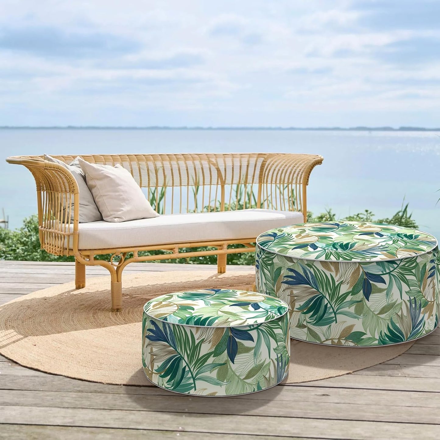 Inflatable Ottoman Stool D31 xH14 for Outdoor/Indoor Use, Water Repellent Patio Foot Rest Stool with Portable Handle,Round Pouf Ottoman Suitable for Garden,Deck and Camping - Lush Leaf Green