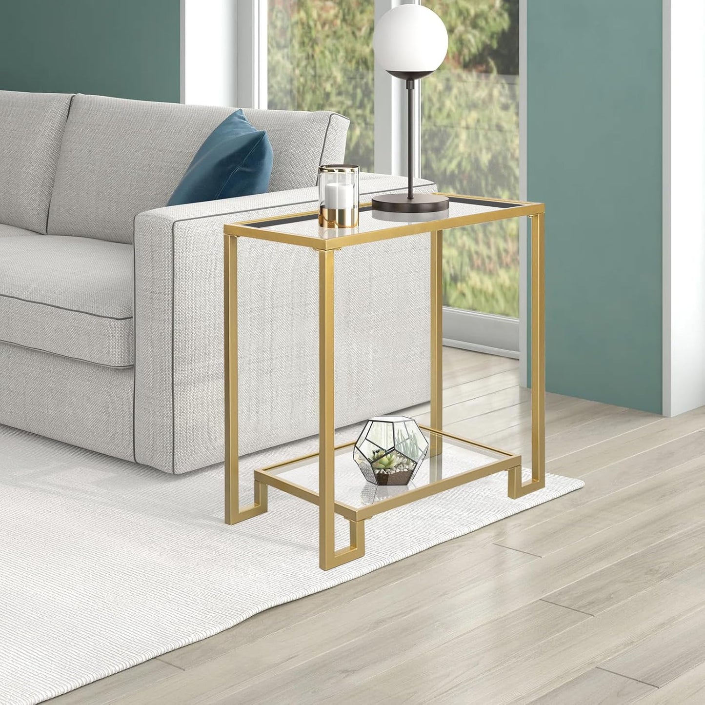 2 Tier Rectangular Side Table, Gold End Table with Glass Top, Modern Metal Clear Coffee Table，Small Accent Table for Living Room, Bedroom, 22" x 12.4" x 24"