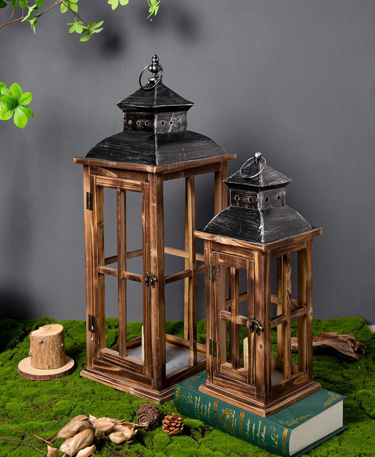 Large Farmhouse Decorative Wooden Lanterns Set of 2, Rustic Burnt Wood Floor Lanterns, Indoor/Outdoor Hurricane Lanterns for Home Decor (No Glass)