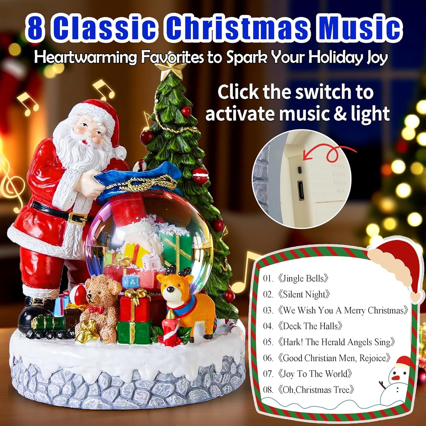 Musical Christmas Snow Globe Lantern with Colorful Lights & Snowfall - USB or Battery Operated - Indoor Holiday Decor for Christmas, Thanksgiving - Gift for Kids, Family, Colleagues