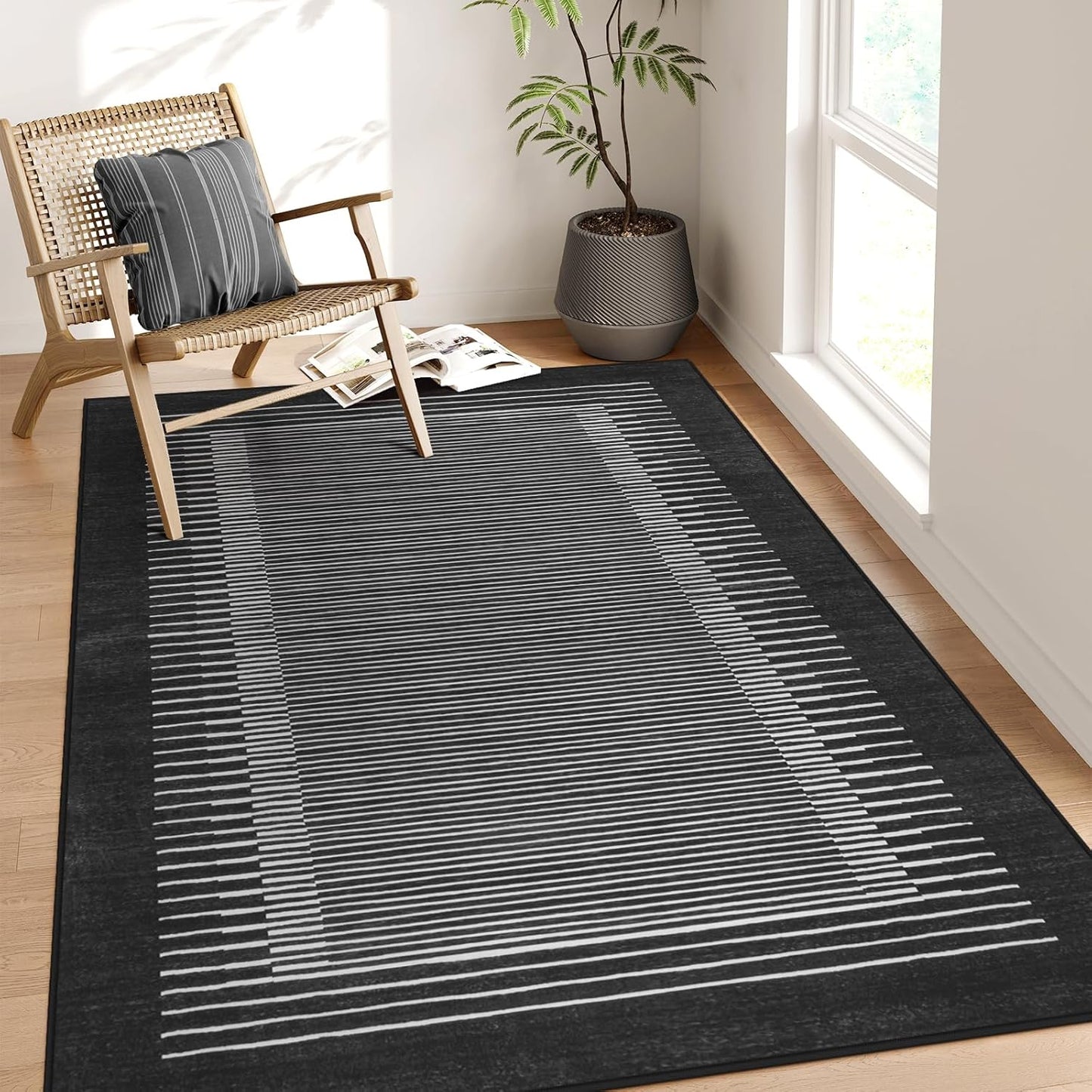 Wonnitar Washable Striped 5x7 Washable Area Rug, Non-Slip Black Berber Stripe Rugs for Living Room, Low Pile Minimalist Floor Carpet Rugs for Bedroom Dining Room Home Office (Black,5' x 7')