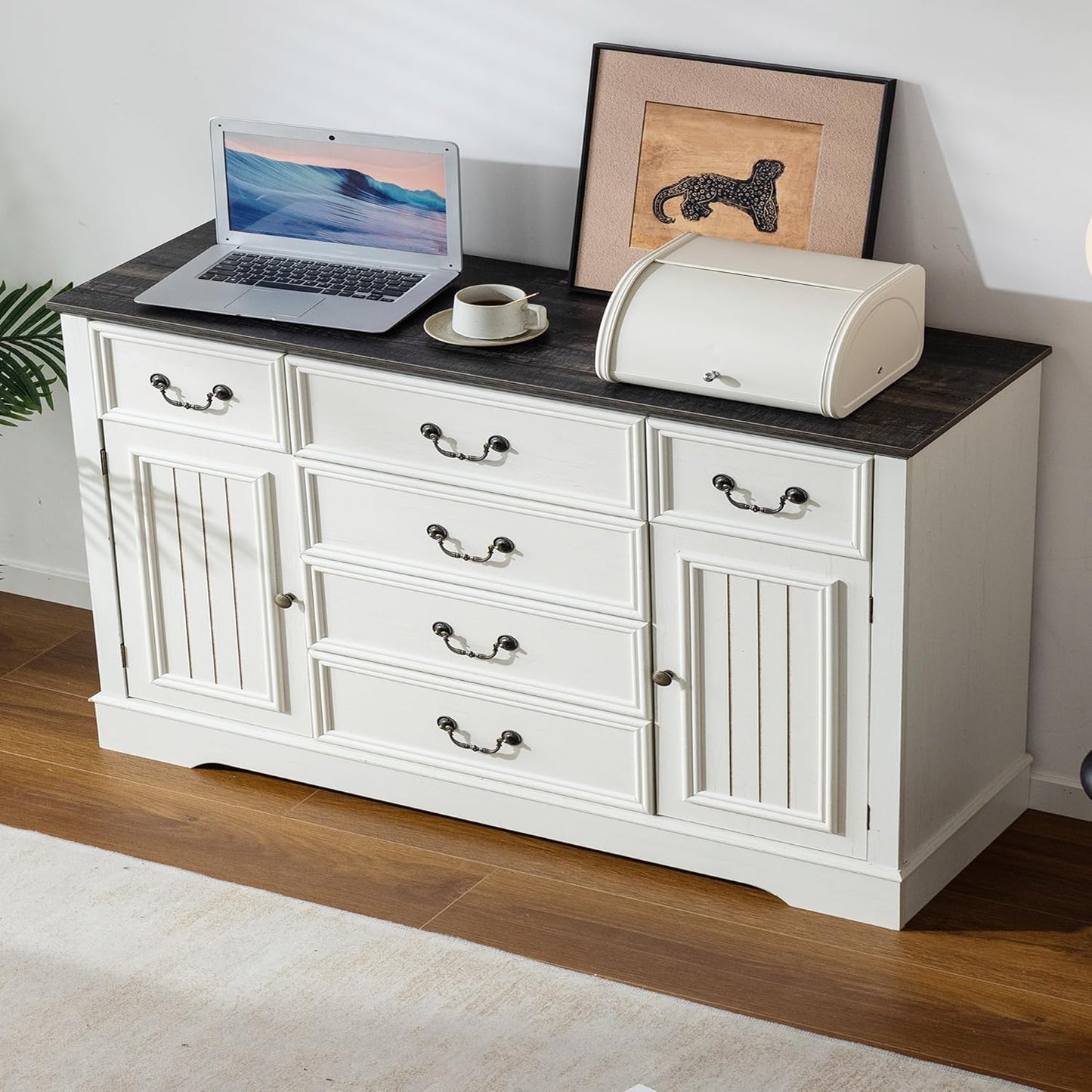 EnHomee White Dresser for Bedroom with 6 Drawer & 2 Doors,Wood Dressers & Chests of Drawers,Farmhouse TV Stand,Entryway,Antique White