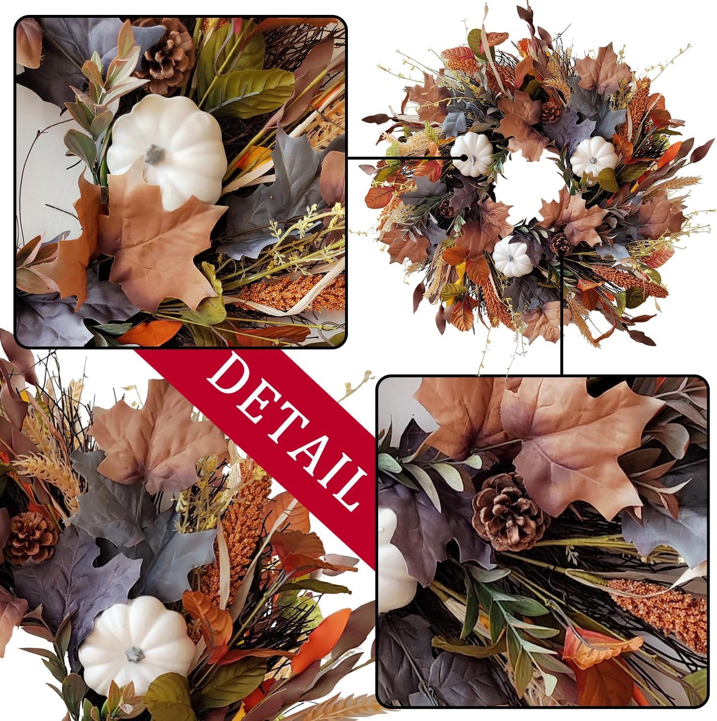 WANNA-CUL 24 Inch Fall Wreath for Front Door with White Pumpkins,Grains, Maple Leaves-Fall Decoration for Home-Large Fall Decor Door Wreath for Autumn,Harvest or Halloween
