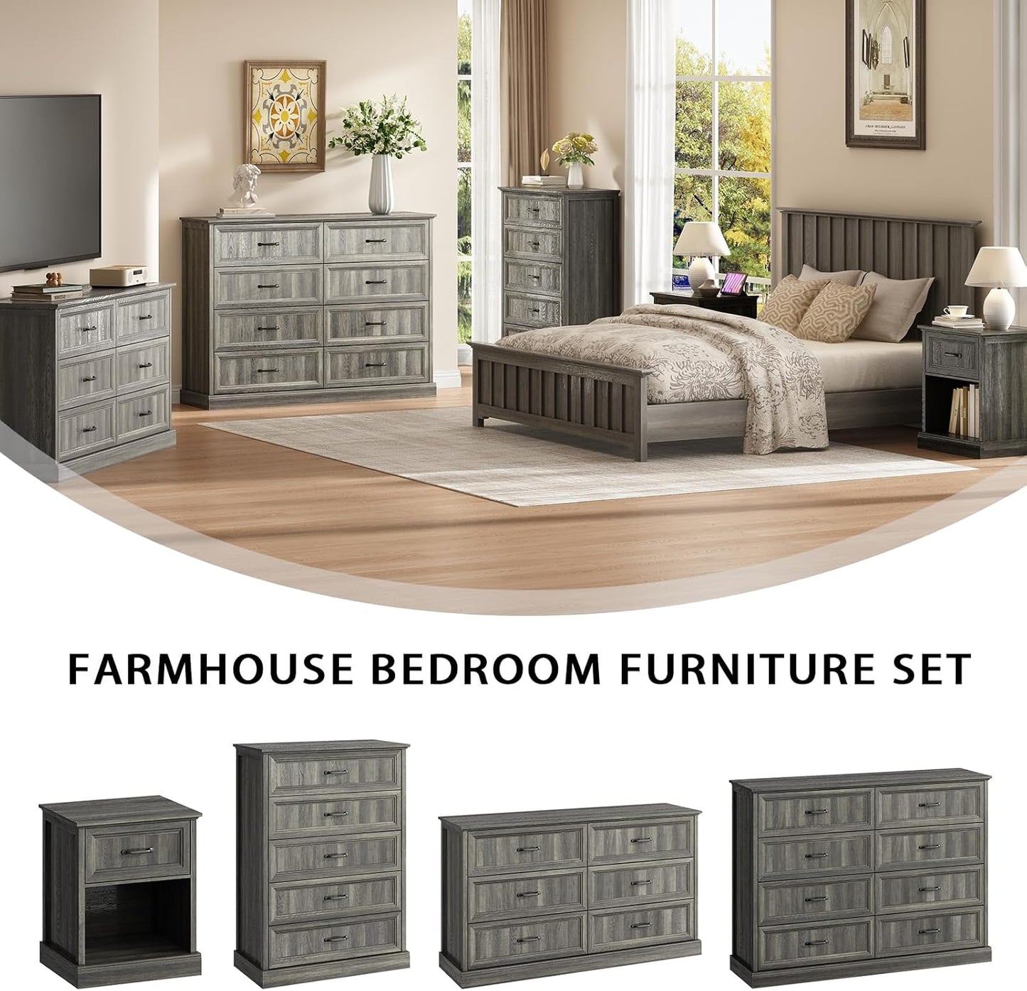 CARPETNAL Farmhouse 8 Drawer Dresser for Bedroom, 55 Inch Wide Modern Grey Dresser TV Stand with Large Drawers & Bar Handles, Rustic Wood Chest of Drawers for Bedroom, Living Room, Hallway, Entryway.