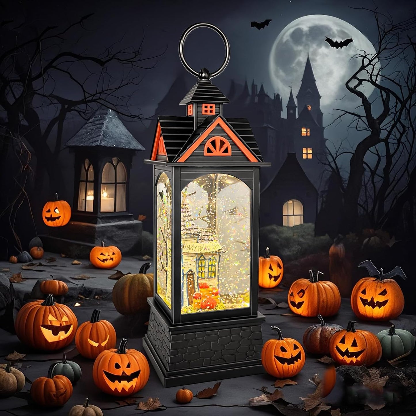 Halloween Snow Globe Lantern, Spooky Ghost Halloween Decor, Plug-in & Battery Operated Snow Globes for Halloween Decorations Indoor