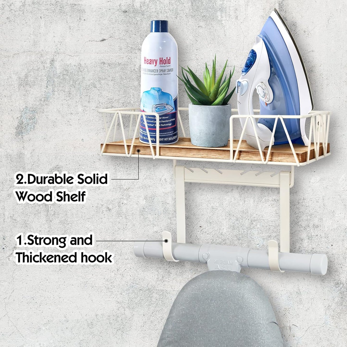 TJ.MOREE Ironing Board Hanger Wall Mount - Laundry Room Decor Iron and Ironing Board Holder with Large Storage Wooden Base Basket and Removable Hooks(T&V Shaped) Cream