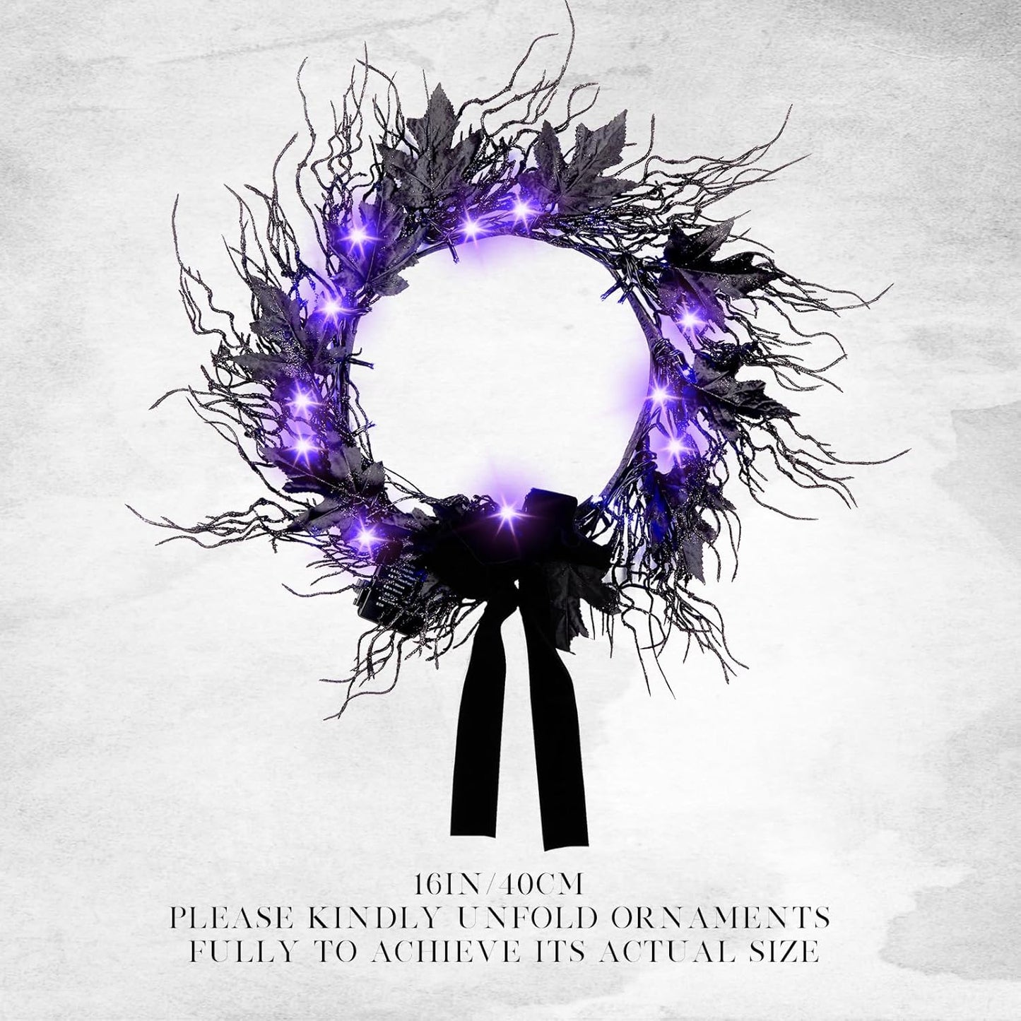 JORNOY 16inch LED Halloween Wreath with Battery Timer - Black Artificial Leaves&Silk Ribbon Decor Hanging for Front Door, Mantel, Porch, Wall, Party Decorations