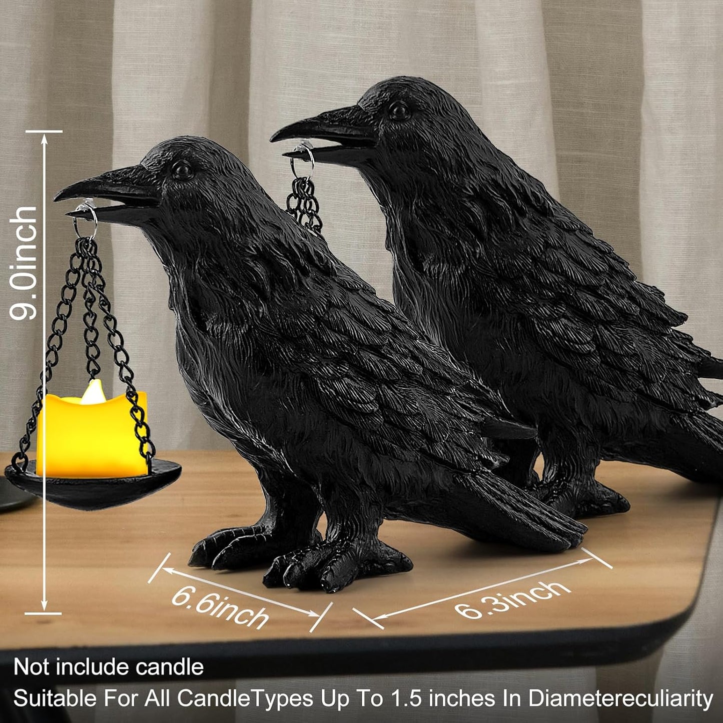 Raven Gothic Home Decor Fake Crow Light Holder Raven Lamp Tealight Candle Holder Resin Raven Statue 2PCS