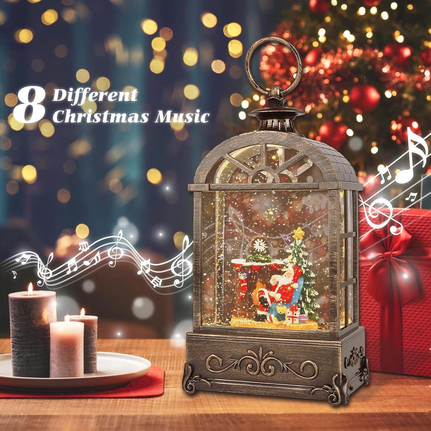 Christmas Snow Globes Lantern,Musical Snow Globe,Christmas Decorations Indoor for Home,Battery Or USB Powered,with 6 Hour Timer,Christmas Lantern for Festival Decoration,Santa Claus
