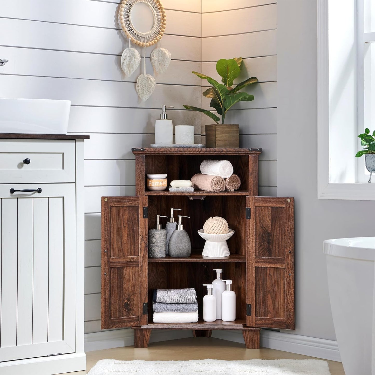 Corner Bathroom Cabinet, Farmhouse Small Cabinet with Barn Door & Adjustable Shelf, Storage Cabinets for Bathroom, Kitchen & Living Room, Brown