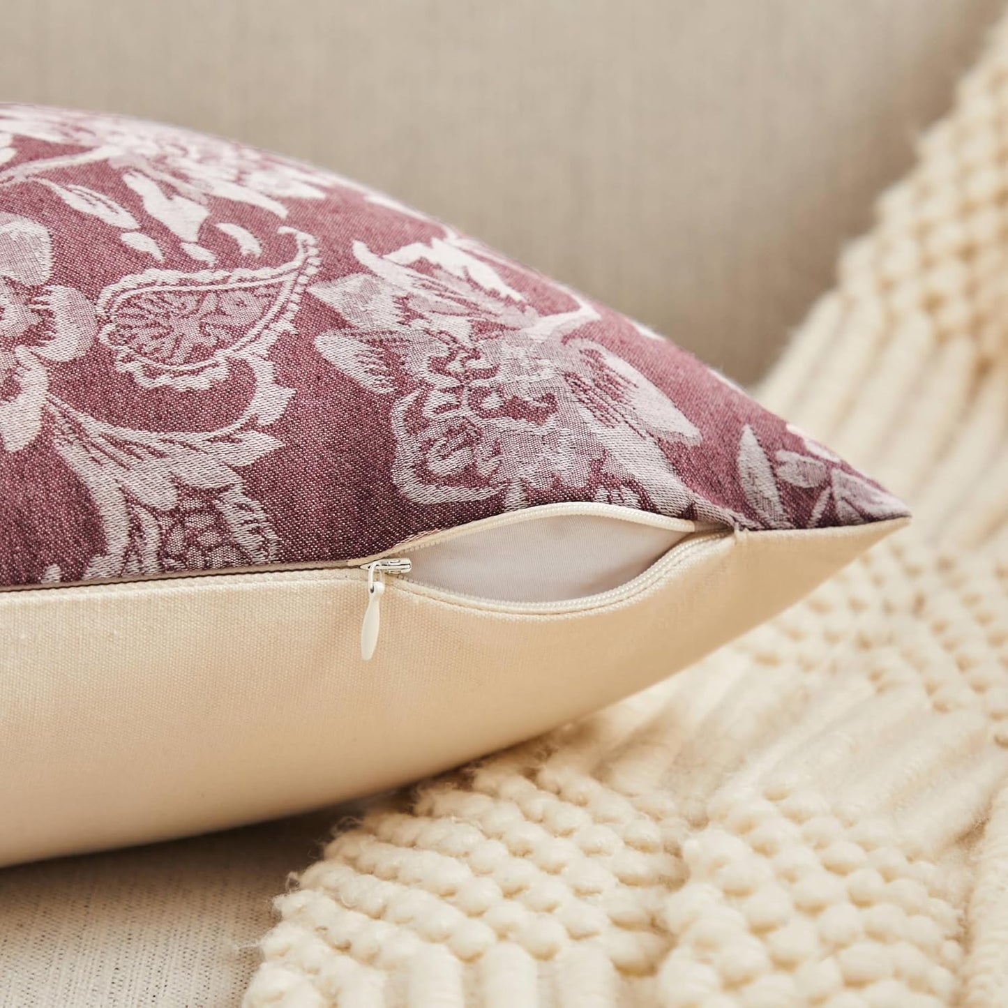 Floral Jacquard Lumbar Throw Pillow Covers Set of 2, Background/Burgundy 12x20 Inch, Farmhouse Decorative Cotton Burgundy Cushion Covers for Sofa Bed Living Room Home Decor