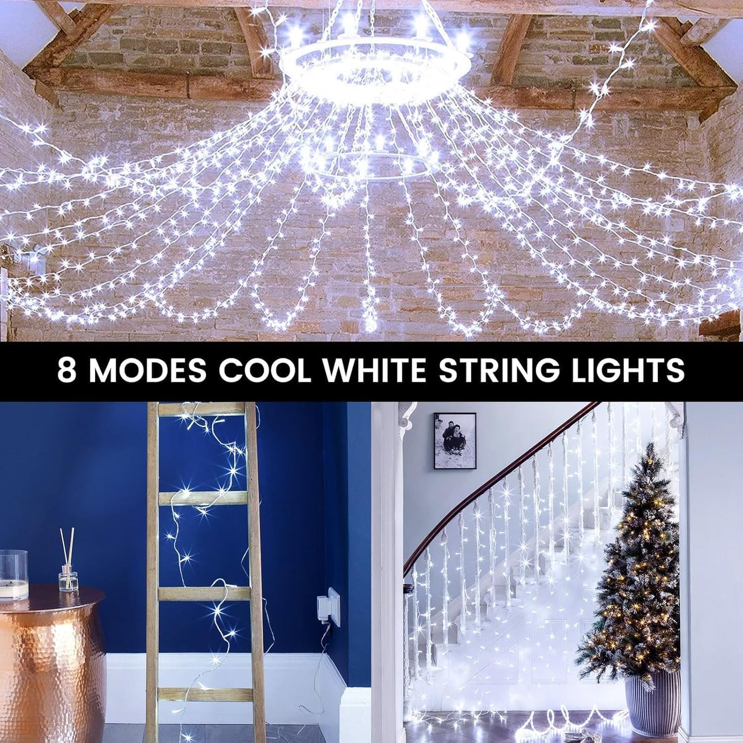 4 Pack String Lights Battery Operated with Timer, 66FT 200 LED Waterproof Battery Twinkle Lights, 8 Modes Fairy Light for Indoor & Outdoor Party Bedroom Garland Tree Christmas Decorations (Cool White)
