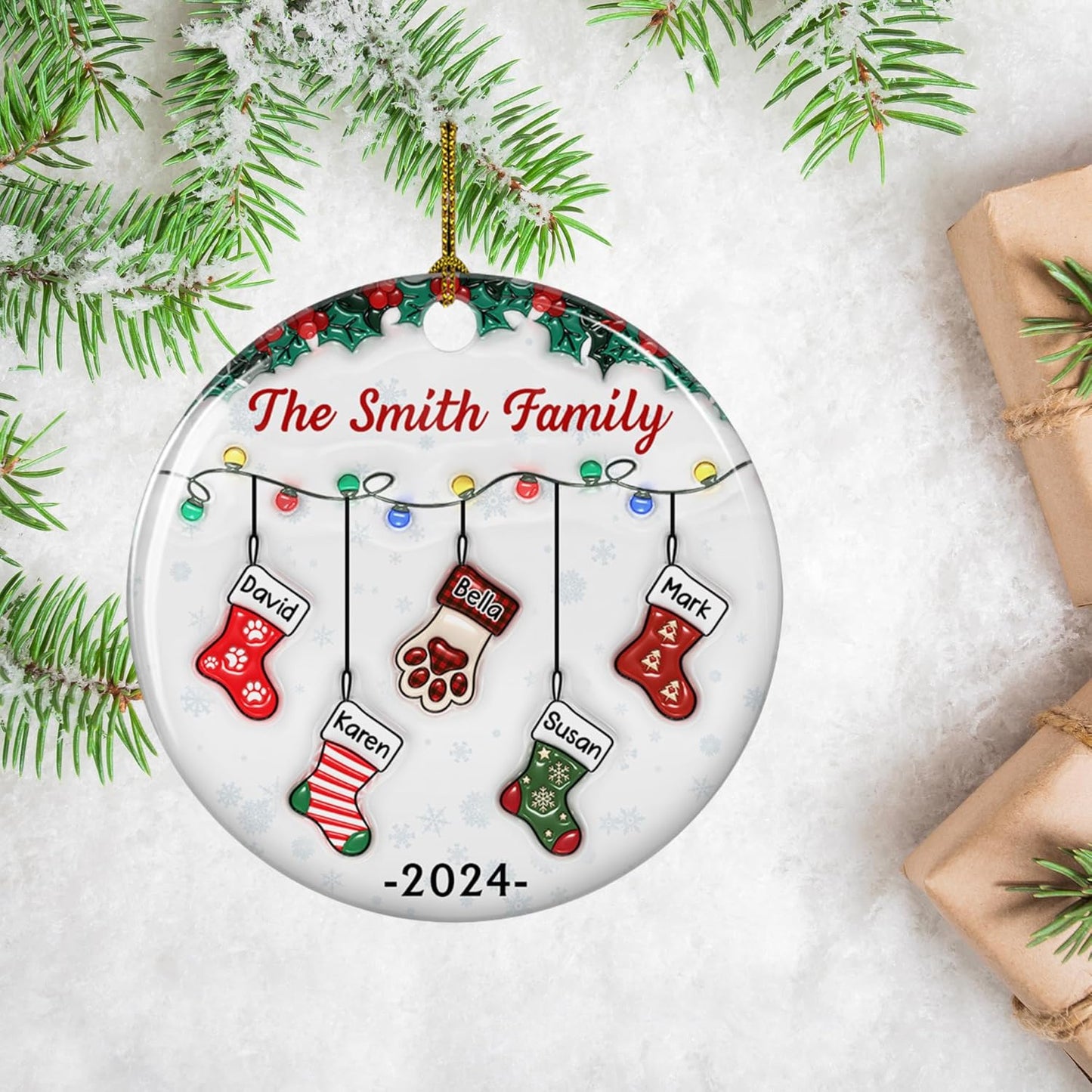 Stocking Personalized Family Christmas Ceramic Ornament 2025-3D Inflated Effect Custom Name Hanging Stock up to 10 Members, First Xmas as A Family Ornament Gifts (A04, 8 Names)