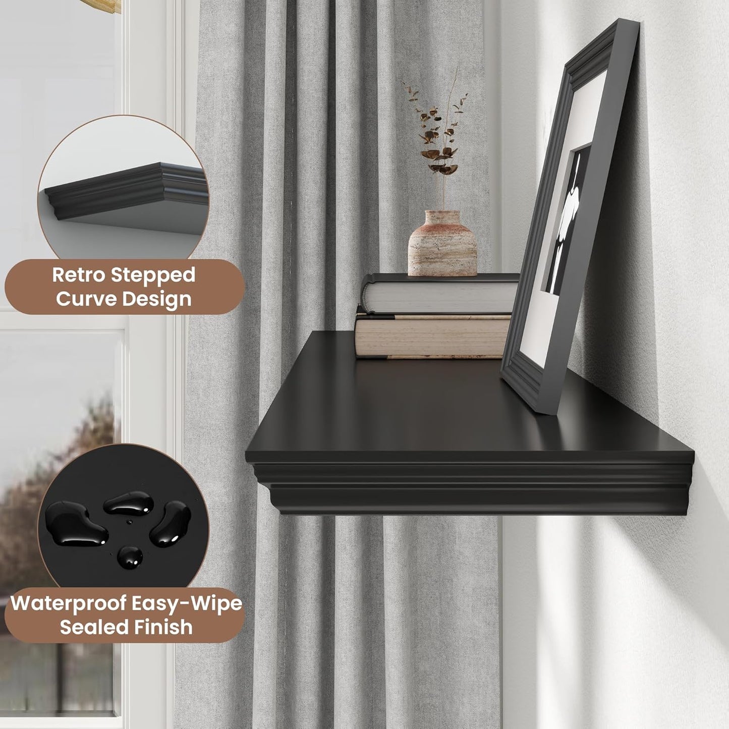 Floating Shelves for Wall, 48 Inch Long Wall Mounted Black Hanging Shelf for Kitchen, Living Room, Office, Bedroom, Bathroom, Retro Vintage Wood Bookshelf for House Decor