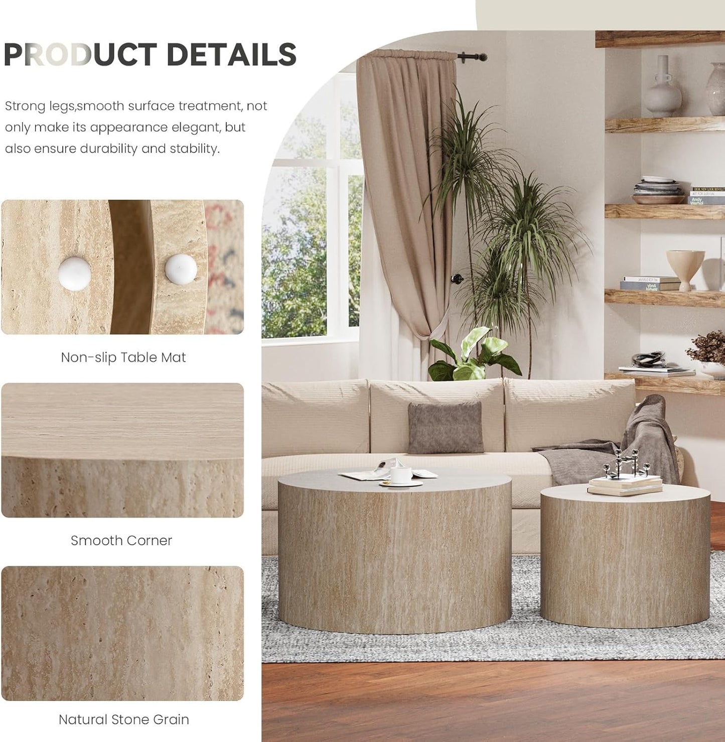 Round Nesting Coffee Table, Drum Wood Coffee Table Set of 2 Travertine-Color, Modern Nesting Tables Circle Center Table 2 Piece for Small Spaces Living Room Bedroom Balcony Office, No Assembling