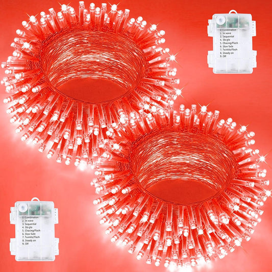 2 Pack Halloween String Lights Battery Operated with Timer, 66FT 200 LED Waterproof Battery Twinkle Lights, 8 Modes Fairy Light for Indoor & Outdoor Party Bedroom Garland Tree Christmas Decor (Red)