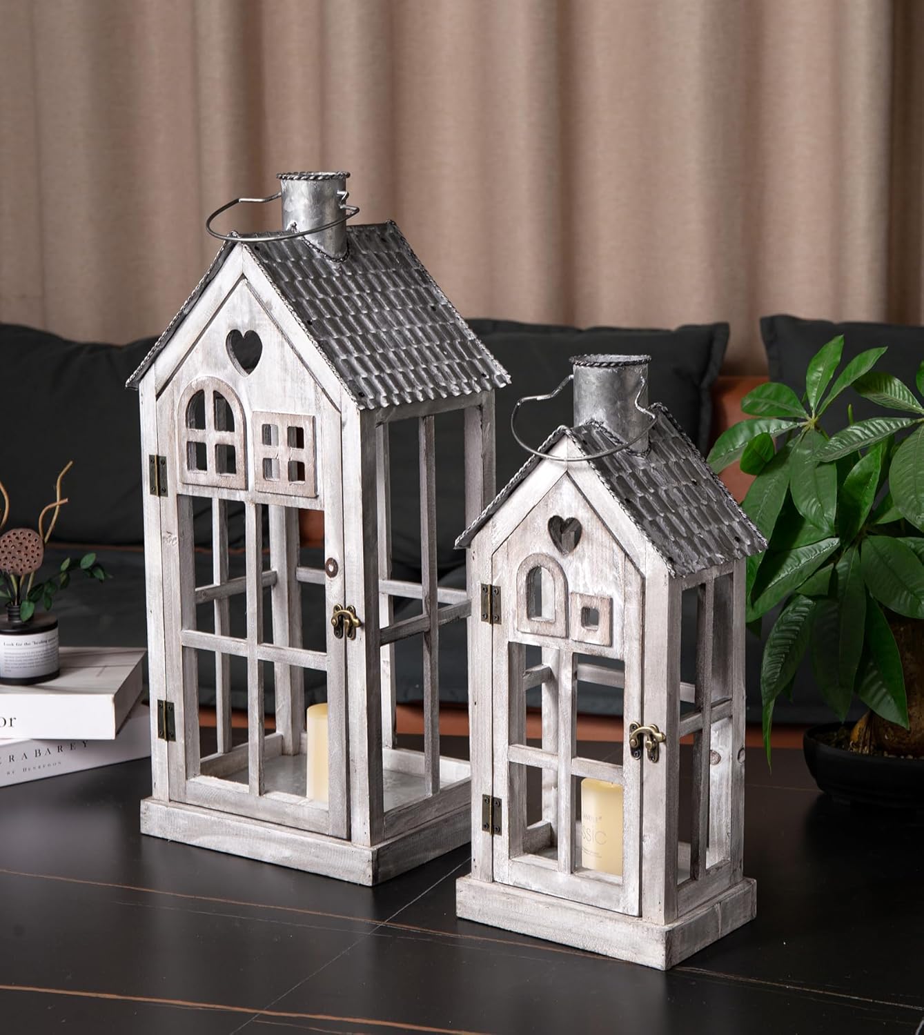 Large Farmhouse Wooden Metal Candle Lantern Set of 2, Rustic Decorative Floor Lanterns, Indoor/Outdoor Village Houses Lantern for Home Decor (No Glass)