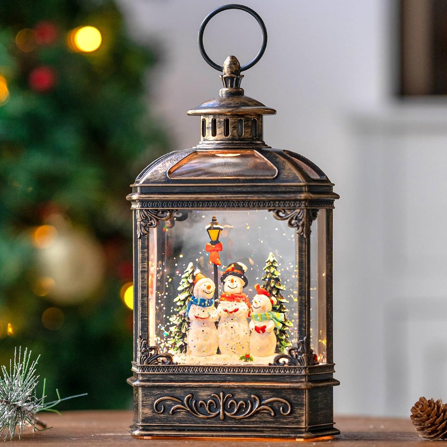 Christmas Snow Globe Swirling Glittering Snowman Choir with Music & Timer, USB Lined/Battery Operated Lighted Water Lantern for Christmas Festival Decoration Gifts