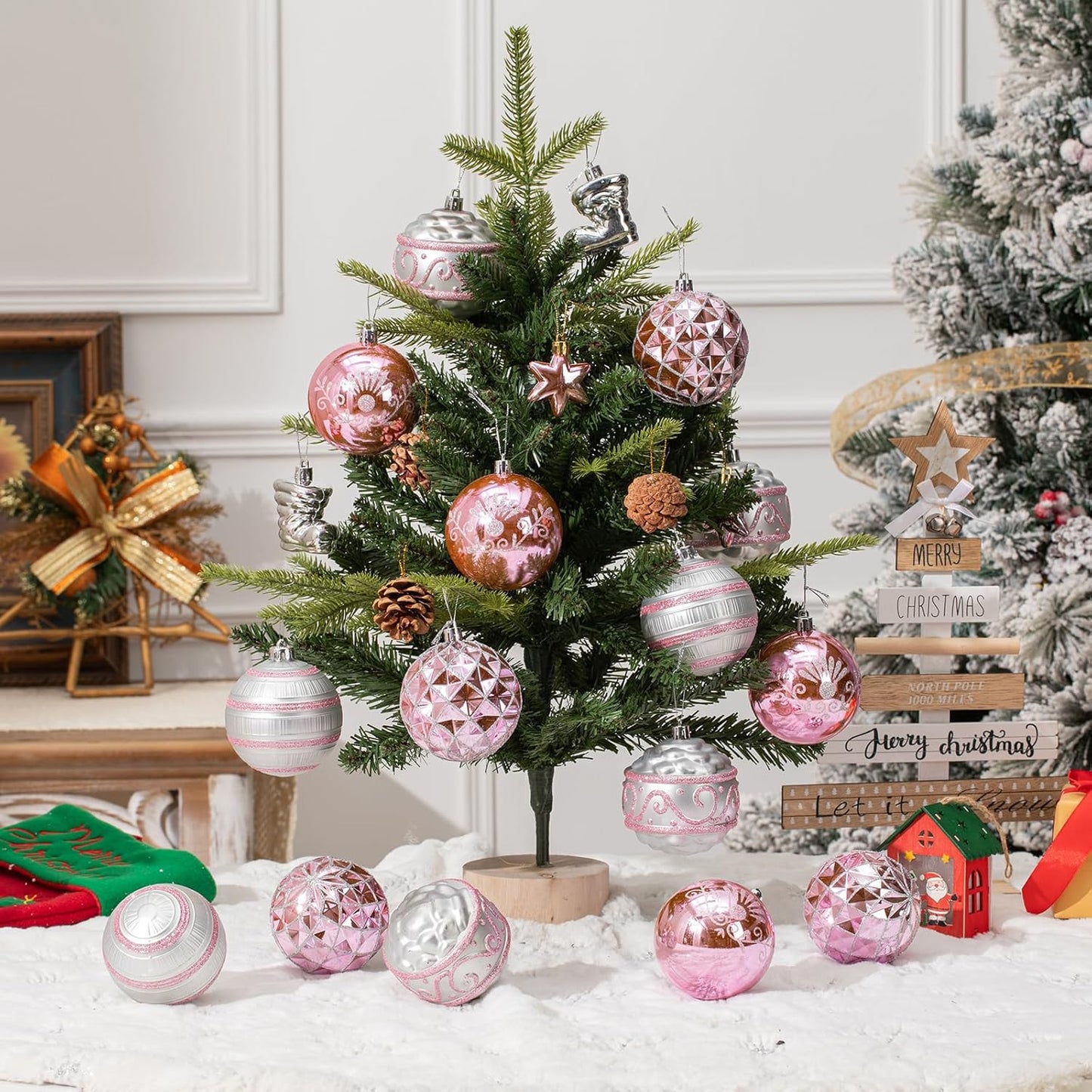 150PCS Pink and Silver Christmas Ornaments, Shatterproof Christmas Ball Ornaments Set, Assorted Christmas Baubles Hanging Decorations for Xmas Tree Home Festival Party Wedding (Pink & Silver)