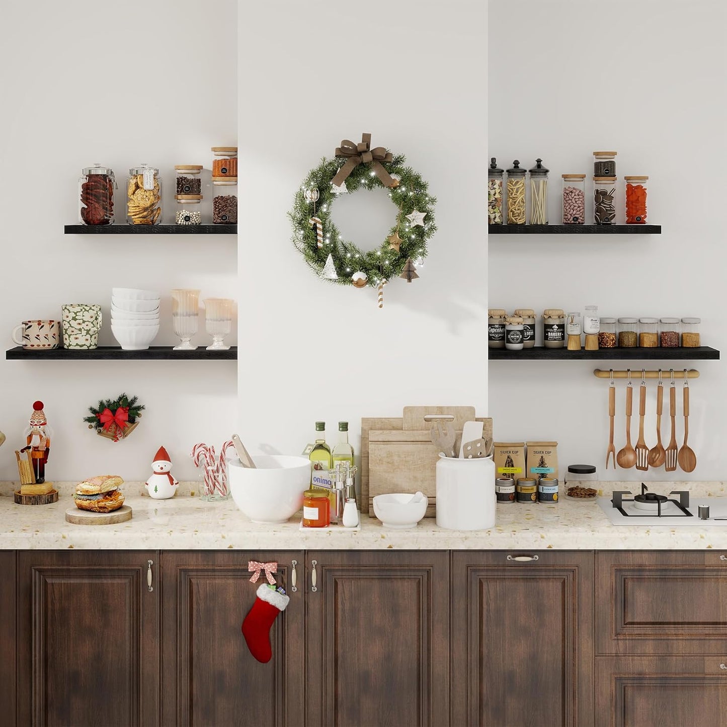 Fun Memories 32Inch Floating Shelves for Wall 2 Pack Wood Shelves for Kitchen, Bathroom, Bedroom Wall Mounted Rustic Wood Floating Shelf with Invisible Brackets for Books, Storage, Decor, Black